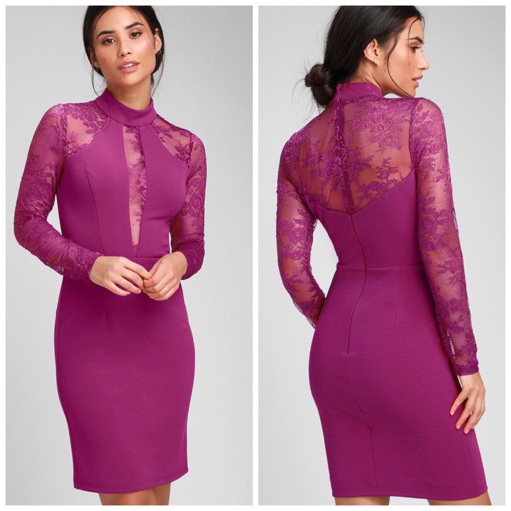Lulus Oretha Fushia Lace Long Sleeve Dress New With Tags